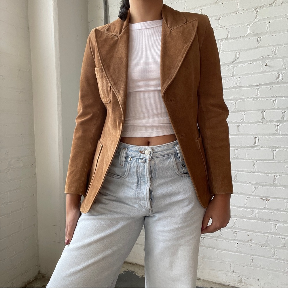 Vintage 70's Benchmark Tan Suede Leather Dagger Collar Jacket Blazer - Picture 7 of 9
